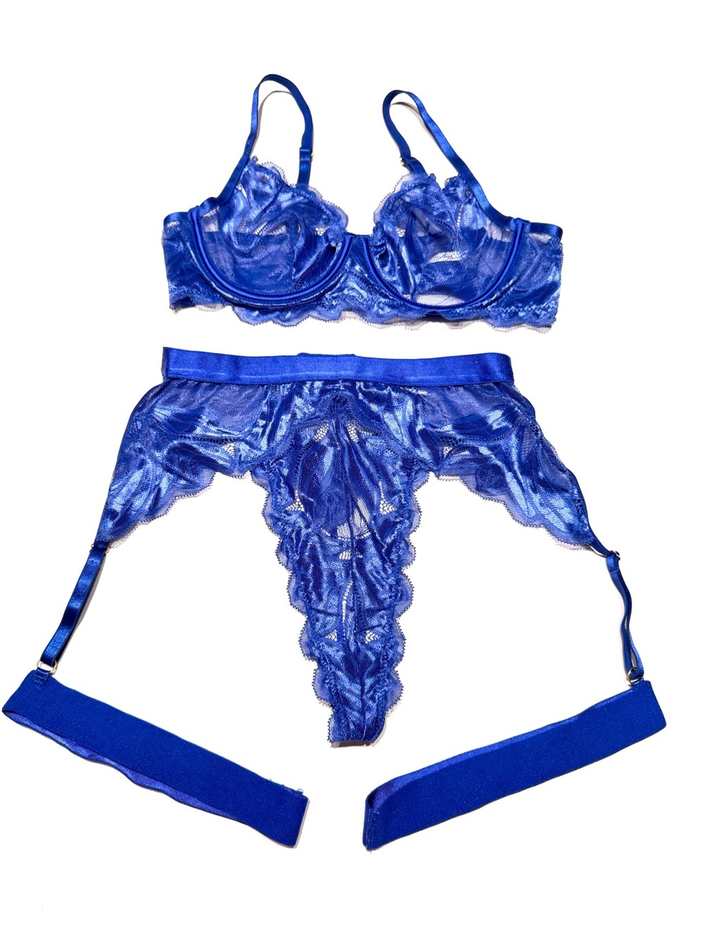 Royal Blue Lace Bra & Garter Panty Set Small